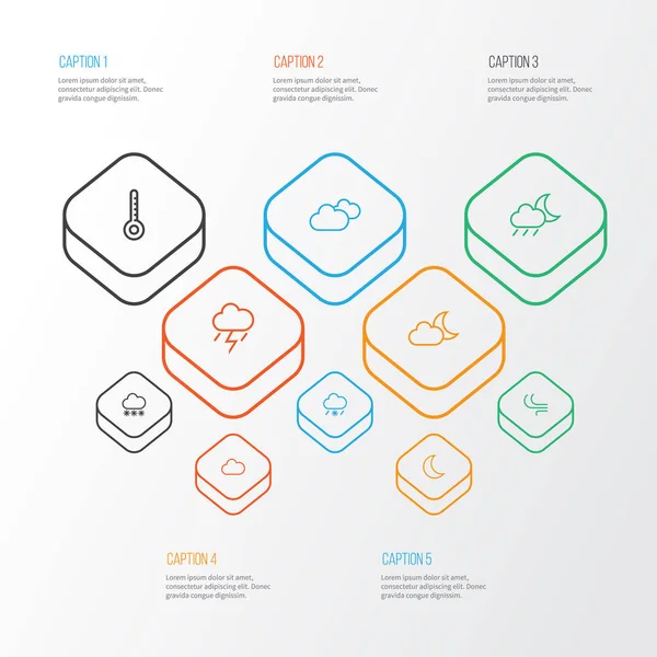 Hava simgeleri çizgi stili fırtına, çiseleyen yağmur, sis ve yağmur öğeleri diğer karlı ile ayarlayın. İzole illüstrasyon hava simgeleri.