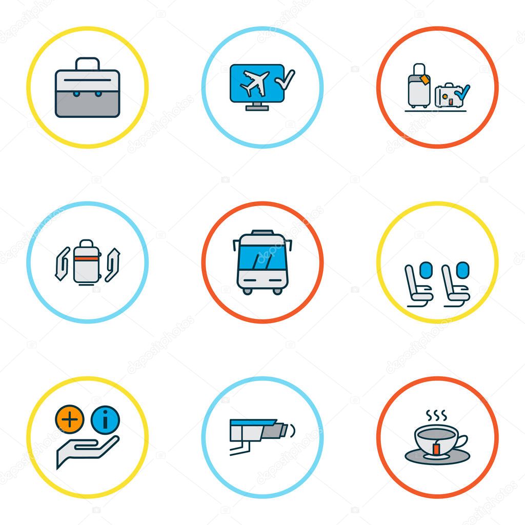 Transportation icons colored line set with assistance, suitcase, baggage insurance and other briefcase elements. Isolated  illustration transportation icons.