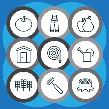 Bahçe Hortum, ahır, domates ve diğer buğday öğeleri ile simgeler. Kutsal kişilerin resmi Bahçe izole vektör çizim.