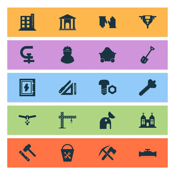 Icone industriali set con mandrino, ostello, guanti e altri elementi fognari. Isolato vettoriale illustrazione icone industriali . — Vettoriale Stock