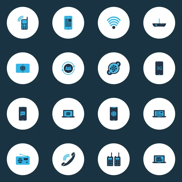 Conjunto de iconos de conexión de color con saludo en el teléfono, teléfono celular, wifi y otros elementos de comunicación de la tableta. Iconos de conexión de ilustración vectorial aislado . — Vector de stock