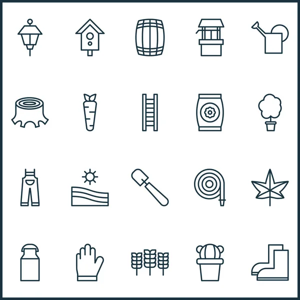 Farm ikoner sæt med slange, bailer, gulerod og andre birdhouse elementer. Isoleret vektor illustration gård ikoner . – Stock-vektor