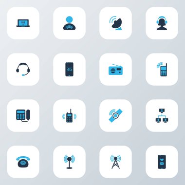 İletişim simgeler kümesi El Telsizi, fm, sistem öğeleri bilgisayar açılış telefon ile renkli. İzole illüstrasyon iletişim simgeleri.