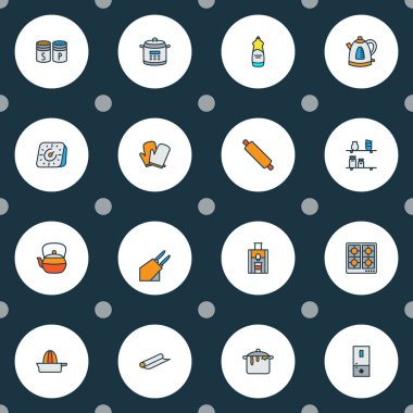 Pişirme çizgi renkli simgeler tuz biber, mutfak eldiven, portakal sıkacağı ve diğer su ısıtıcı elemanları ile ayarlayın. İzole illüstrasyon simgeler pişirme.