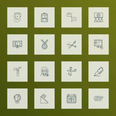 Eğitim simgeler stil astronomi, kadın öğretmen, takvim ve diğer SSS öğeleri kümesi satır. İzole illüstrasyon eğitim simgeler.