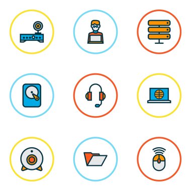 Bilgisayar simgeleri renkli çizgi öğelerini kulaklıklar, internet, sabit disk ve diğer kamera ile ayarlayın. İzole illüstrasyon bilgisayar simgeler.
