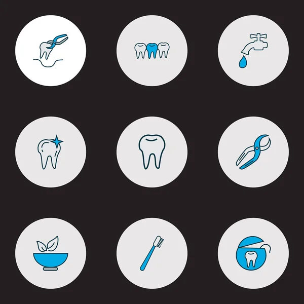 Schmelz-Symbole farbige Linie mit Zahnbürste, Wasserkran, saubere Zähne und andere Elemente der Prothese gesetzt. isolierte Abbildung Emaille-Symbole. — Stockfoto