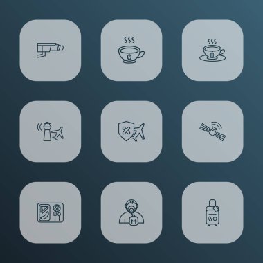 Ulaşım simgeler stil iptal sigortası, kontrol kulesi, oksijen maskesi ve öğeleri bina diğer Havaalanı ile kümesi satır. İzole vektör çizim ulaşım simgeler.