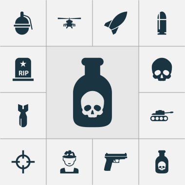 Zehir, bomba, mezar ve diğer helikopter öğeleri ile mücadele Icons set. İzole vektör çizim mücadele simgeler.