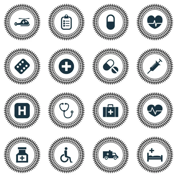 Drog ikony sada s invalidní vozík, pilulka, Ošetřovna a další prvky helikoptéra. Izolované vektorové ilustrace lék ikony. — Stockový vektor