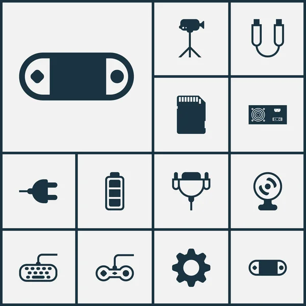 Ícones de computador com câmera de vídeo, cartão SD, fonte de alimentação e outros elementos de memória portáteis. Ícones de computador de ilustração vetorial isolados . — Vetor de Stock