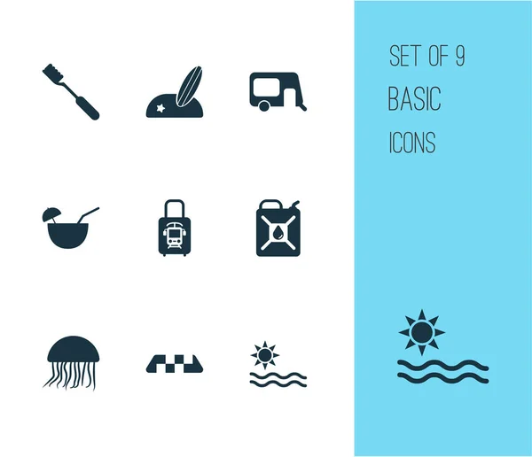 Iconos de viaje con playa con surf, maleta con tren eléctrico, mar y otros elementos de la cabina. Iconos de viaje de ilustración vectorial aislado . — Vector de stock