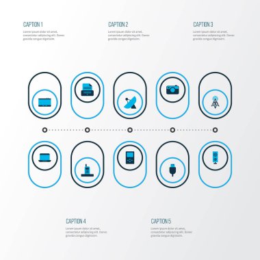 Donanım simgeleri yönlendirici, kamera, sputnik anten ve diğer telefon öğeleri kümesiyle renkli. İzole illüstrasyon donanım simgeleri.