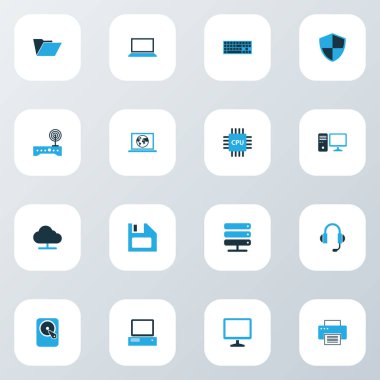 Donanım simgeleri disket, Pc, sabit disk ve diğer modem öğeleri kümesiyle renkli. İzole illüstrasyon donanım simgeleri.