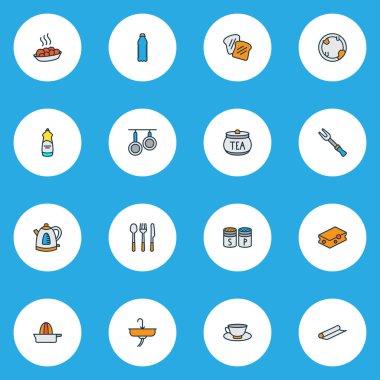 Satır renkli simgeler pişirme çay bardağı, elektrikli su ısıtıcısı, portakal sıkacağı ve diğer fırın kağıt öğeleri ile ayarlayın. İzole illüstrasyon simgeler pişirme.