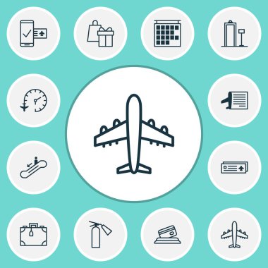 Uçus tarifesi, metal dedektör, portföy ve diğer bavul öğeleri ile ayarlamak simgeleri seyahat. İzole illüstrasyon seyahat simgeler.