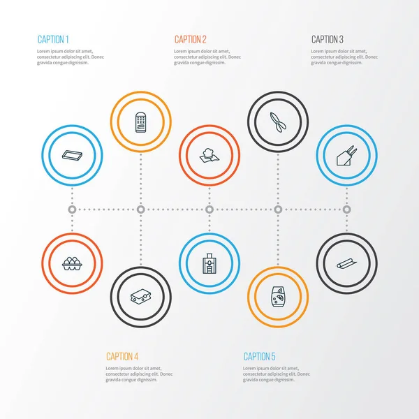 美食图标线条风格设置与榨汁机, 刀架, 磨床和其他器具元素。孤立的插图美食图标. — 图库照片