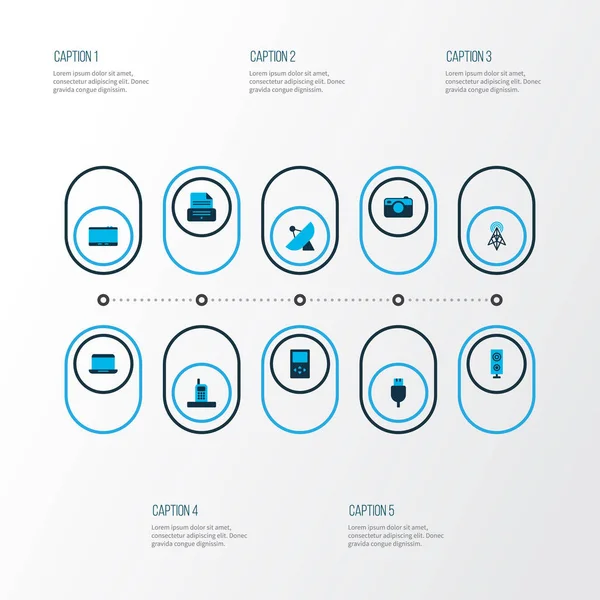 Donanım simgeleri yönlendirici, kamera, sputnik anten ve diğer telefon öğeleri kümesiyle renkli. İzole illüstrasyon donanım simgeleri.