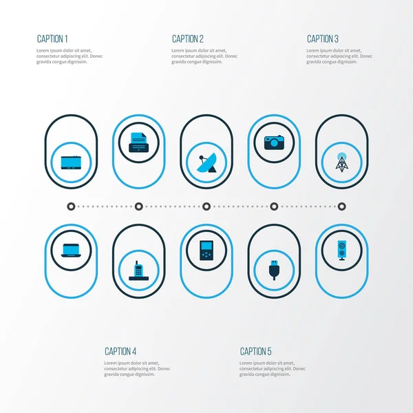 Аппаратные иконки цветные с маршрутизатором, камерой, антенной спутника и другими телефонными элементами. Изолированные иконки с иллюстрациями . — стоковое фото