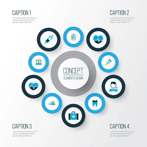 Ensemble d'icônes de médecine colorées avec battements de cœur, seringue, liste de contrôle et autres éléments de presse-papiers. Isolés icônes de médecine illustration . — Photo