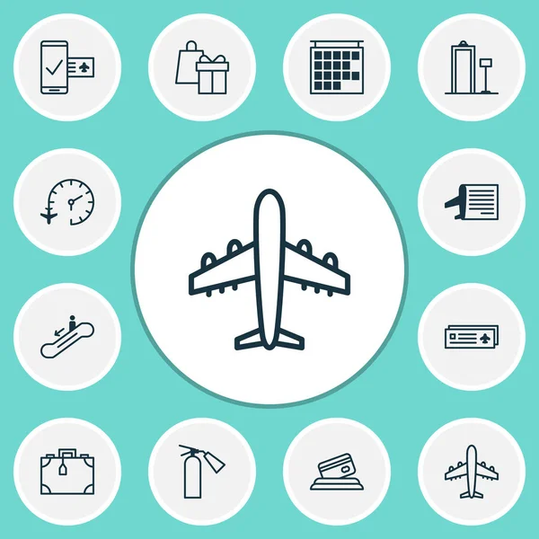Uçus tarifesi, metal dedektör, portföy ve diğer bavul öğeleri ile ayarlamak simgeleri seyahat. İzole illüstrasyon seyahat simgeler.