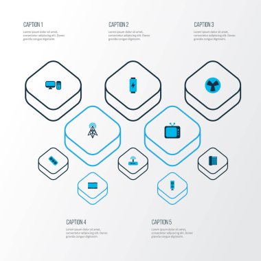 Donanım simgeleri telefon, modem, fan ve diğer serin öğeler kümesiyle renkli. İzole vektör çizim donanım simgeleri.