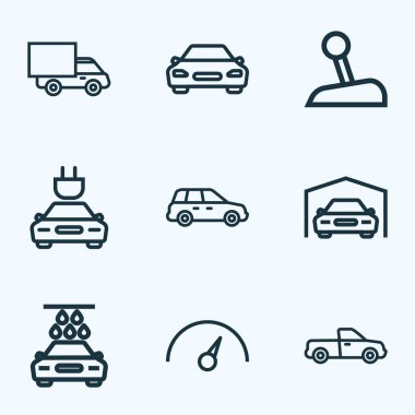 Araba simgeler stil hız göstergesi, crossover, kamyon ve diğer çamaşır öğeleri kümesi satır. İzole vektör çizim araba simgeler.