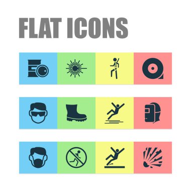 İşareti Icons set çalışmıyor, toz maskesi, buzlu yüzey ve diğer göz koruyucu öğeleri ile. İzole vektör illüstrasyon işareti simgeleri.