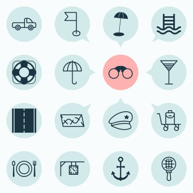 Dünya keşif, Restoran, yol haritası ve diğer Havzası merdiven öğeleri ile ayarlamak simgeleri seyahat. İzole vektör illüstrasyon seyahat simgeler.