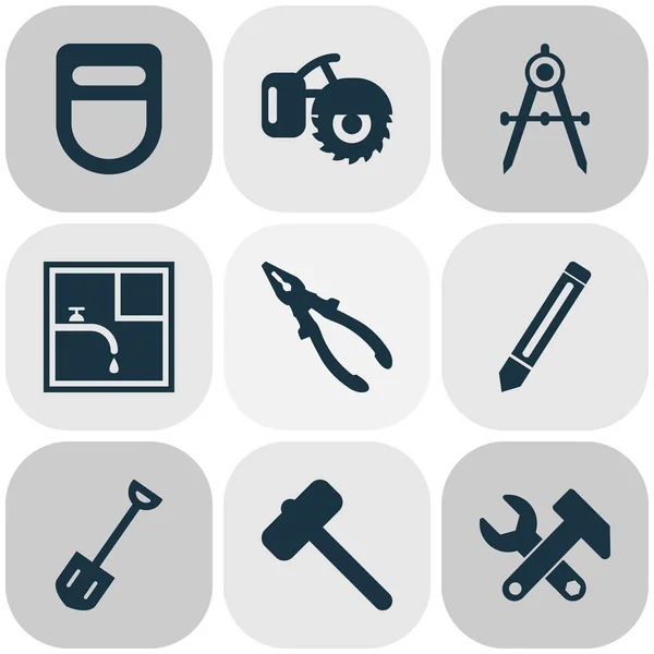 Conjunto de iconos industriales con alicates, instrumentos, martillo para baldosas y otros elementos de mazo. Iconos industriales de ilustración vectorial aislada . — Vector de stock