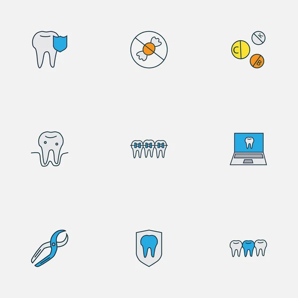 Ícones dentários coloridos linha definida com garras dentárias, carrega defesa, aparelhos e outros elementos de gengivite. Isolado vetor ilustração ícones dentários . —  Vetores de Stock