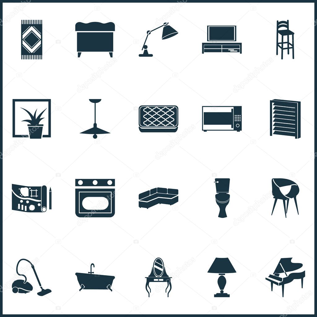 Housing icons set with vacuum cleaner, ceiling lamp, microwave and other sweeper elements. Isolated vector illustration housing icons.