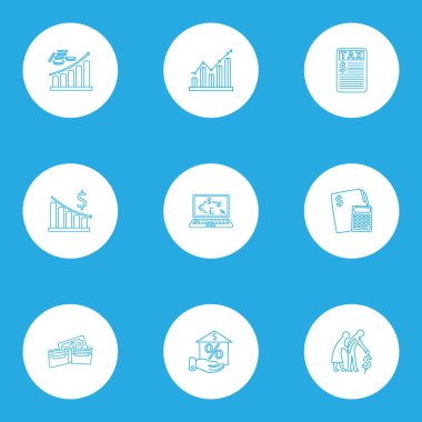 Finansal simgeler stil kar, emeklilik planlama, çevrimiçi exchange ve diğer mali hesaplama öğeleri ile kümesi satır. İzole illüstrasyon finansal simgeler.