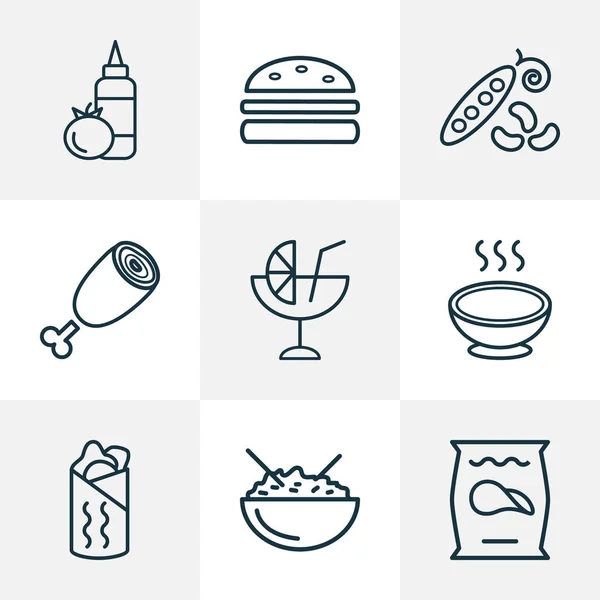 Comer iconos de línea de estilo conjunto con tazón de arroz, cóctel, hamburguesa y otros elementos vainas de guisantes. Iconos aislados para comer ilustración . —  Fotos de Stock