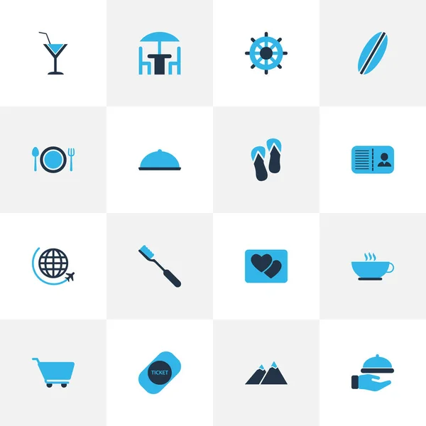 Resa ikoner färgade set med bild, cocktail, kaffe och andra shopping trolley-element. Isolerade illustration resa ikoner. — Stockfoto
