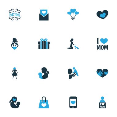 Anneler günü simgesi renkli tasarım konsepti. Dekorasyon, şekil ve cep telefonu 16 gibi öğeleri kümesi. Anne, kalp ve sevgi için güzel sembolleri.