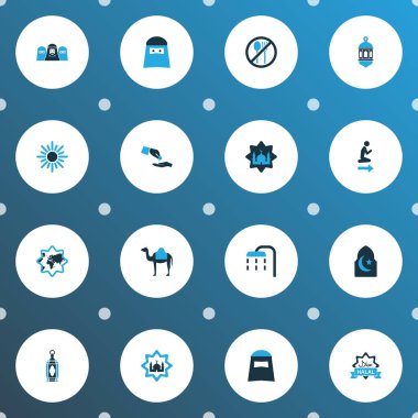 Ramazan simgeler kümesi renkte mali yardım, kadın, İslam ve diğer Mescidi öğeleri ile. İzole vektör çizim Ramazan kutsal kişilerin resmi.