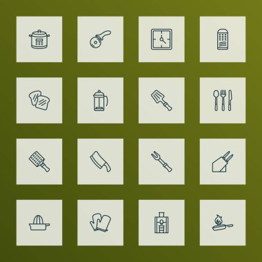 Meyve sıkacağı, saat, mutfak eldiven ve diğer potholder öğeleri ile ayarlamak simgeleri çizgi stili yemek. İzole vektör çizim aşçı simgeler.