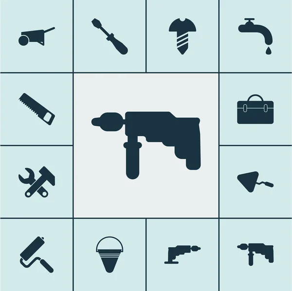 Konstruktionsikonen mit Feuereimer, Instrumenten, Säge und anderen Elementen des Elektroantriebs. isolierte Vektor-Illustration Bau-Symbole. — Stockvektor