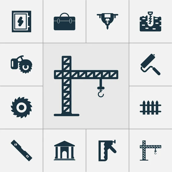 Conjunto de iconos de la industria con biblioteca, bóer, fresadora y otros elementos bóer. Iconos aislados de la industria de la ilustración vectorial . — Archivo Imágenes Vectoriales