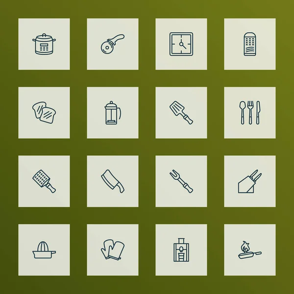 Koka ikoner linjestil set med juicer, klocka, kök handskar och andra Grytlapp element. Isolerade illustration cook ikoner. — Stockfoto