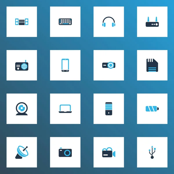 Elektronik-Symbole farbigen Set mit Satellit, Diskette, PC und anderen Präsentationselementen. isolierte Illustration Elektronik-Ikonen. — Stockfoto