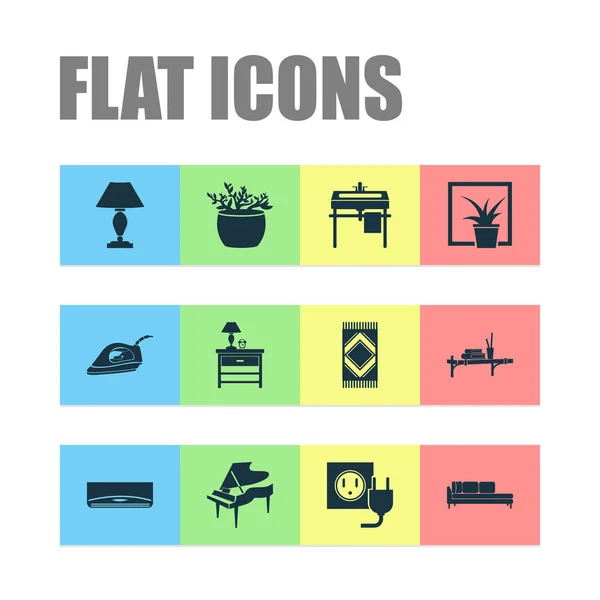 Interior icons set with carpet, wall shelf, wash stand divan elements. Isolated  illustration interior icons.