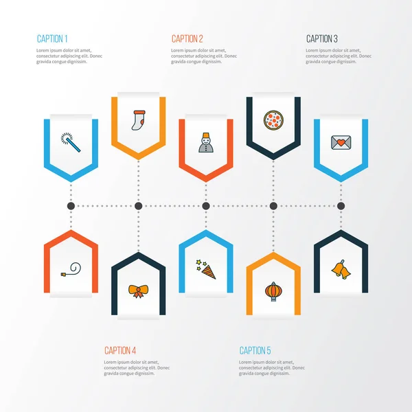 올해 아이콘 라인 가까운 봉투, 불꽃놀이, 크리스마스 양말과 다른 축제 리본 요소 설정 색. 고립 된 그림 년 아이콘. — 스톡 사진