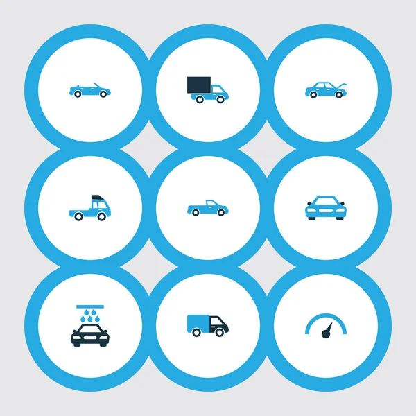 Auto-Symbole farbigen Satz mit Cabrio-Modell, LKW, Befestigung und andere LKW-Elemente. isolierte Abbildung Auto-Symbole. — Stockfoto