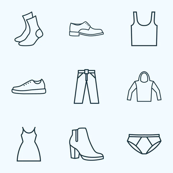 Iconos de vestir conjunto de estilo de línea con bragas, calcetines, botas femeninas y otros elementos tacones. Iconos de vestido de ilustración aislada . —  Fotos de Stock