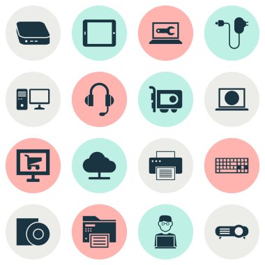 Aygıt simgelerini baskı makinesi, disk, yazıcı ve diğer baskı makine elemanları ile ayarlayın. İzole vektör çizim aygıt simgeleri.