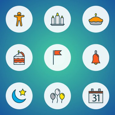 Tatil simgeler renkli çizgi ile ay yıldız, zencefilli kurabiye, balonlar ve diğer gece öğeleri ile ayarlayın. İzole vektör çizim tatil simgeler.