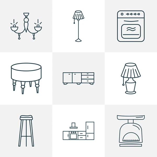 Interior icons line style set with lamp, kitchen set, sideboard and other light elements. Isolated vector illustration interior icons. — Stock Vector