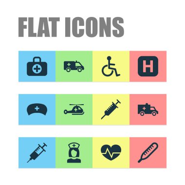 Uyuşturucu Icons set ile yardım, hemşire şapka, kalp atışı ve diğer hastane öğeleri ile. İzole vektör çizim uyuşturucu simgeler.